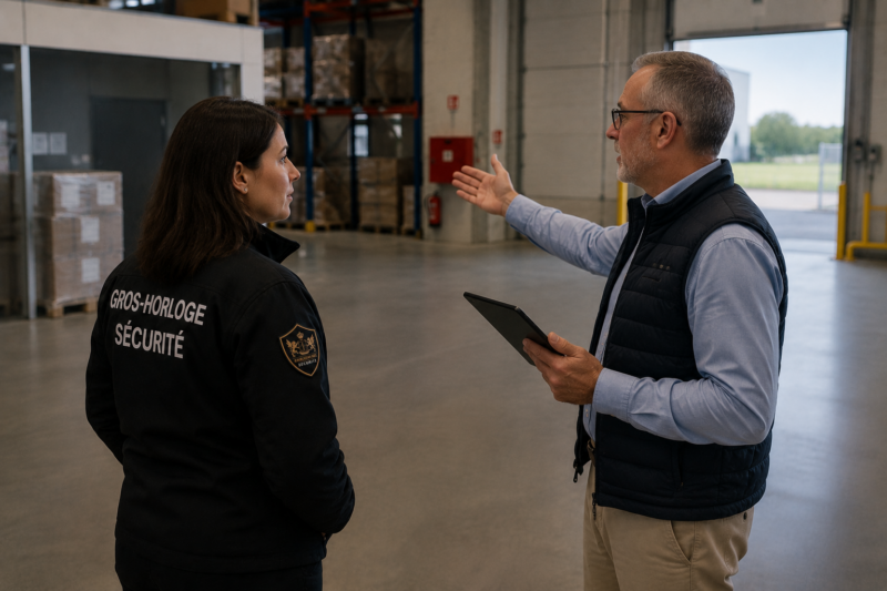 De la visite du site à la première vacation. Un responsable fait visiter le site à sécuriser à un agent de sécurité avant de commencer la première vacation.